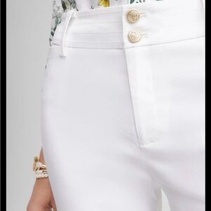 Chicos Trapunto Wide Leg High-Waist White Pants with Gold Button Detail